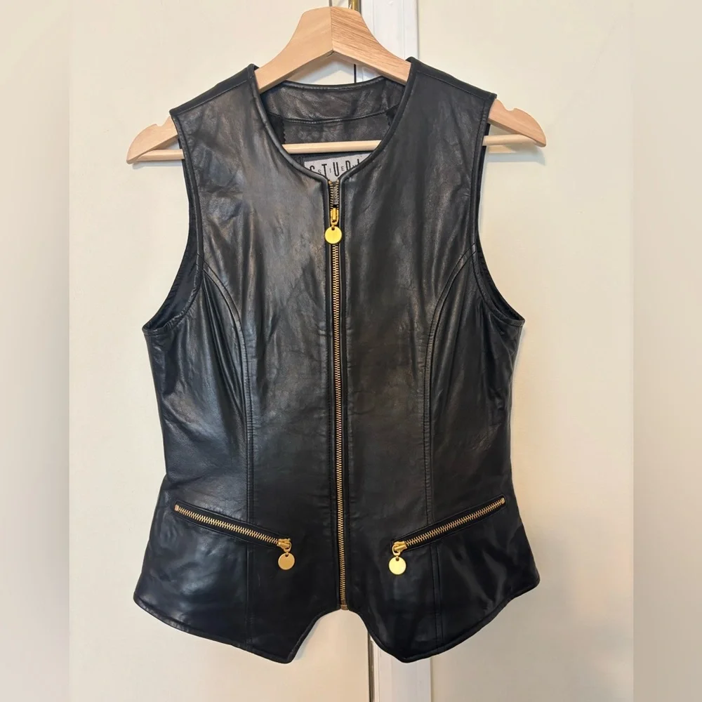 Siena Studio Vintage Leather Gold Accent Full Zip Black Vest Women’s Size Small - Picture 1 of 13